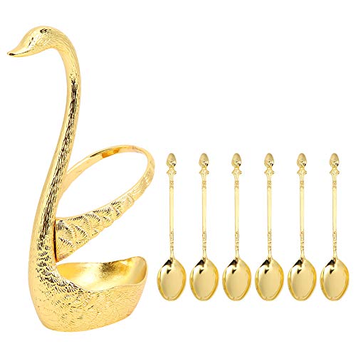 Zink -Legierung Swan -Form -Klammer Obst Dessert Löffel Set Kitchengeschirr, Hochzeitsdarstellungen Gold Silberlöffel für Home Cafeteria (Muster golden mit 6 Löffel) von Jxngery