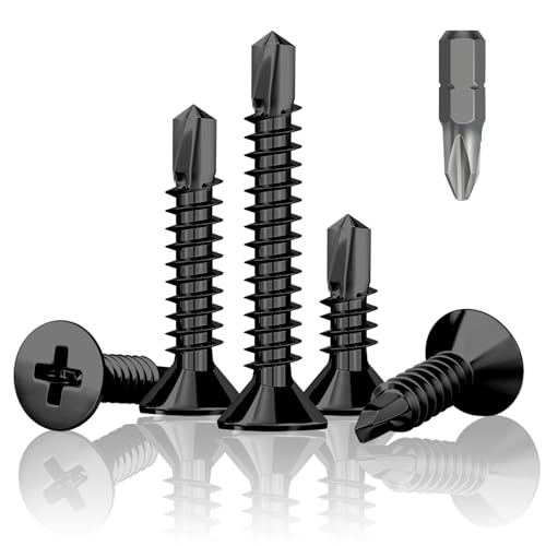 Jyvex 210 Stück Selbstschneidende Schrauben Schwarz, M4.2x16mm Blechschrauben Selbstschneidend, Senkkopf Kreuzschlitzschrauben Metallschrauben mit Bohrer, Selbstbohrende Schrauben Kohlenstoffstahl von Jyvex