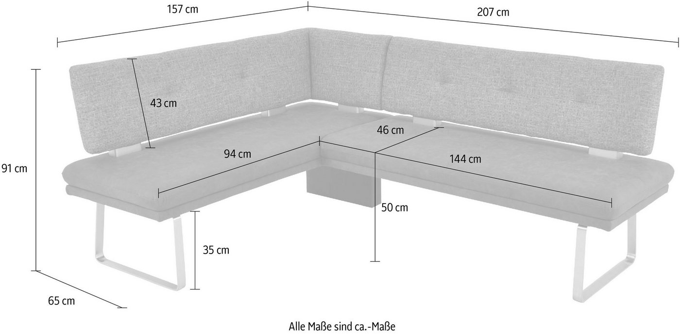 K+W Komfort & Wohnen Eckbank Giacomo II, Flachstahlkufe in edelstahlfarbig lackiert, Rücken und Sitz gesteppt von K+W Komfort & Wohnen