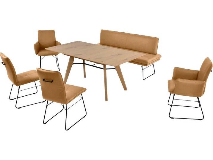 Essgruppe K+W KOMFORT & WOHNEN Giacomo IV , gelb (curcuma), Leder CLOUD, Ansteckplatte, Esstischbreite 160cm-Polsterbankbreite 172cm, Sitzmöbel-Sets, Polsterbank in 2 Größen, 2 Kufenstühle, 2 Armlehnenstühle und 1 Tisch von K+W-Polstermöbel