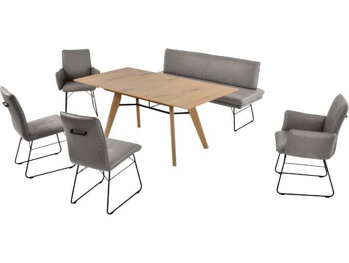 Essgruppe K+W KOMFORT & WOHNEN Giacomo IV , grau (granit), Leder CLOUD, Ansteckplatte, Esstischbreite 160cm-Polsterbankbreite 172cm, Sitzmöbel-Sets, Polsterbank in 2 Größen, 2 Kufenstühle, 2 Armlehnenstühle und 1 Tisch von K+W-Polstermöbel
