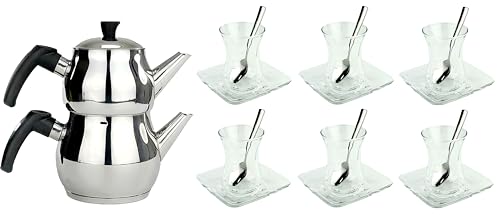 Original türkisches Tee-Set 'Basic Plus K'/ 6 klassische Gläser/ 6 Rührlöffel (von KD)/ 6 Untersetzer/ 1 Teekocher Teekannen Set (Marke RS) von K/A