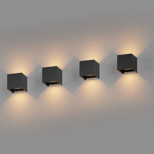 K-Bright 4 Pack 12W LED Wandleuchte Innen/Außen Wandlampe Auf und ab Einstellbarer Lichtstrahl Warmweiß 3000K LED Außenwandleuchte IP65 Wasserdichte Wandleuchte Schwarz von K-Bright