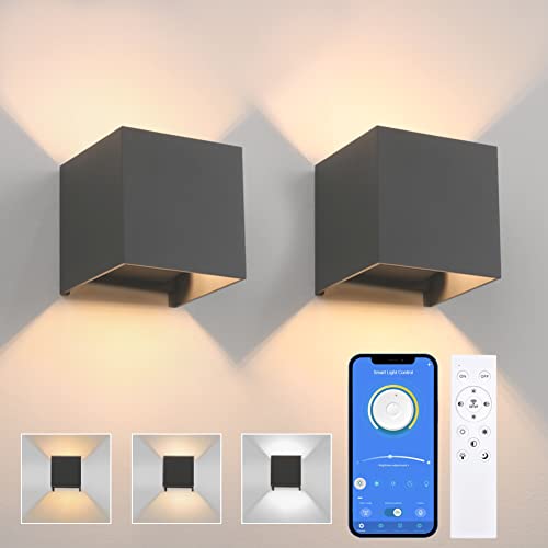 K-Bright 2 Stücke Smart Wandlampe,Dimmbar LED Wandleuchten,3000K-6000K Modern Up Down Wandbeleuchtung mit Fernbedienung,Einstellbar Abstrahlwinkel IP65 für Drinnen/Draußen,Dunkelgrau von K-Bright