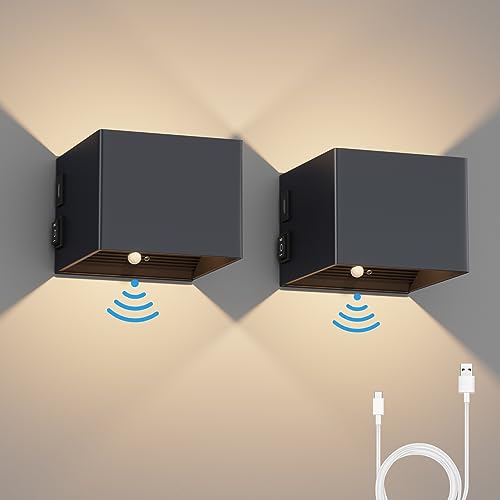 K-Bright 2PCS Akku Wandleuchte mit Bewegungsmelder Innen LED Wandlampe Batteriebetrieben mit Schalter,5W USB Aufladbare Wandbeleuchtung Magnetische Flurlampe, für Schlafzimmer Wohnzimmer (Dunkelgrau) von K-Bright