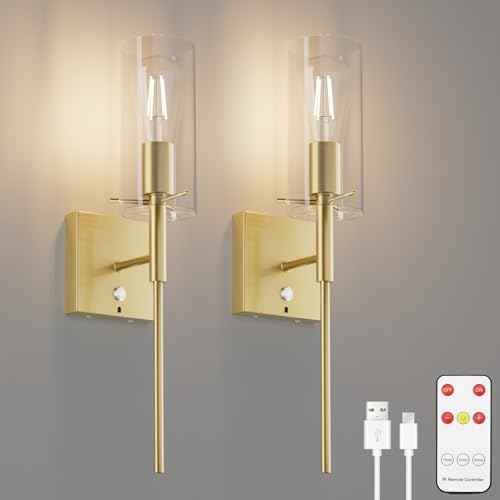 K-Bright 2PCS Kabellos Akku Wandleuchte mit Fernbedienung, 6000mAh Batterie Wandleuchten Innen mit E27 Glühbirne, Aufladbare Wandleuchte Dimmbare,Wandlampe Akku für Wohnzimmer, Gold von K-Bright