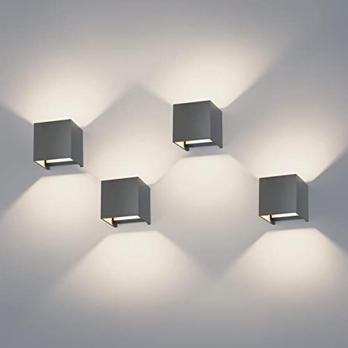K-Bright 4er Pack 12W LED Wandlampen, Auf und Ab Licht,Lichtstrahlverstellbar Wandleuchte IP65,4000K Natürliche weiße LED Außenwandleuchten für Wohnzimmer Schlafzimmer Balkon, Dunkelgrau von K-Bright