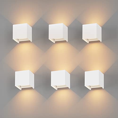 K-Bright 6 Stück LED Wandleuchte Innen/Außen 12W Wandlampe Auf und ab Einstellbarer Lichtstrahl, 3000K Warmweiß Außenleuchte IP65 für Wohnzimmer Schlafzimmer Balkon, Weiß von K-Bright