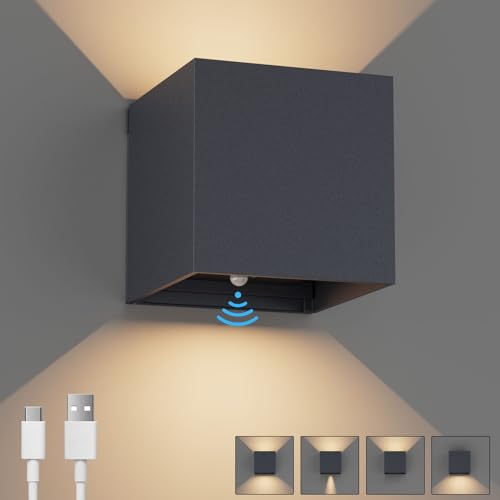 K-Bright Akku Wandleuchte mit Bewegungsmelder Innen, 5W LED Akku Wandlampe Up Down Design Einstellbarer Abstrahlwinke für Wohnzimmer,Schlafzimmer Balkon, Flur,Treppen (Anthrazit) von K-Bright