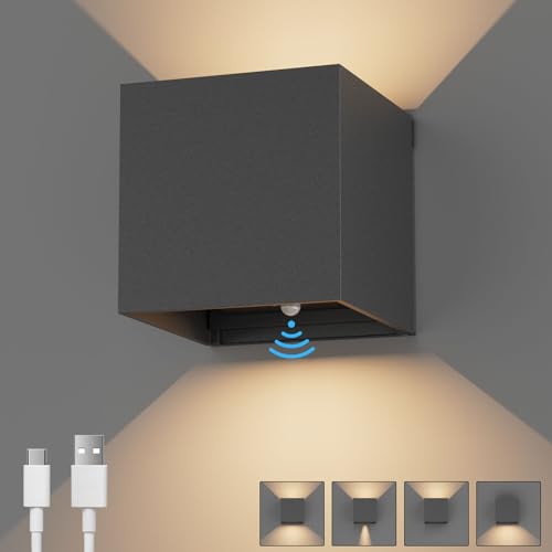 K-Bright Akku Wandleuchte mit Bewegungsmelder Innen, 5W LED Akku Wandlampe Up Down Design Einstellbarer Abstrahlwinke für Wohnzimmer,Schlafzimmer Balkon, Flur,Treppen (Dunkelgrau) von K-Bright