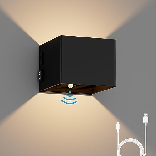 K-Bright Akku Wandleuchte mit Bewegungsmelder Innen LED Wandlampe Batteriebetrieben mit Schalter,5W USB Aufladbare Wandbeleuchtung Magnetische Flurlampe, für Schlafzimmer Wohnzimmer Treppe, Schwarz von K-Bright