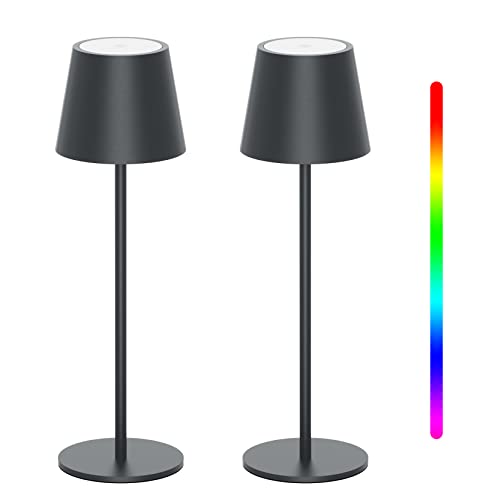 K-Bright 2 Stück LED Dimmbare Akku Tischlampe Kabellose, Wiederaufladbar Warme Lichtfarbe 3000K+RGB Tischleuchte mit USB-C, Aluminium, IP54 Wasserdichte, Anthrazit von K-Bright