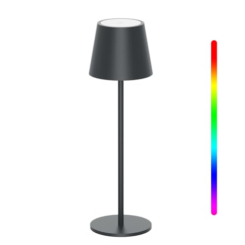 K-Bright LED Dimmbare Akku Tischlampe Kabellose, Wiederaufladbar Warme Lichtfarbe 3000K+RGB Tischleuchte mit USB-C, Aluminium, IP54 Wasserdichte, Anthrazit von K-Bright