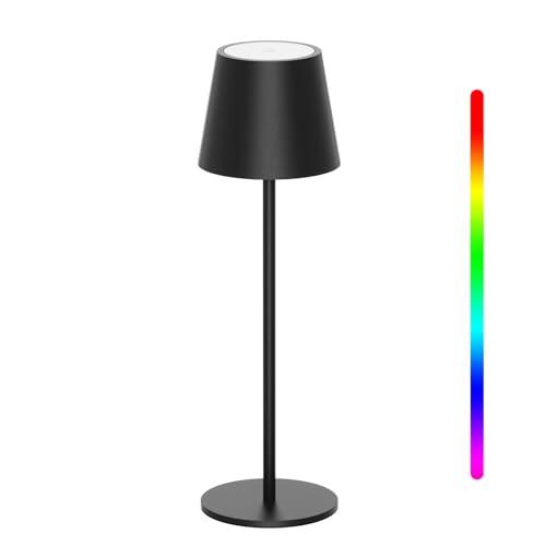 K-Bright LED Dimmbare Akku Tischlampe Kabellose, Wiederaufladbar Warme Lichtfarbe 3000K+RGB Tischleuchte mit USB-C, Aluminium, IP54 Wasserdichte, Schwarz von K-Bright