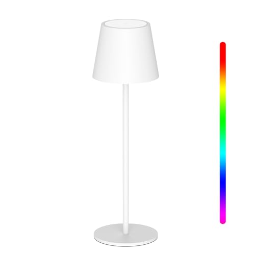 K-Bright LED Dimmbare Akku Tischlampe Kabellose, Wiederaufladbar Warme Lichtfarbe 3000K+RGB Tischleuchte mit USB-C, Aluminium, IP54 Wasserdichte, Weiß von K-Bright