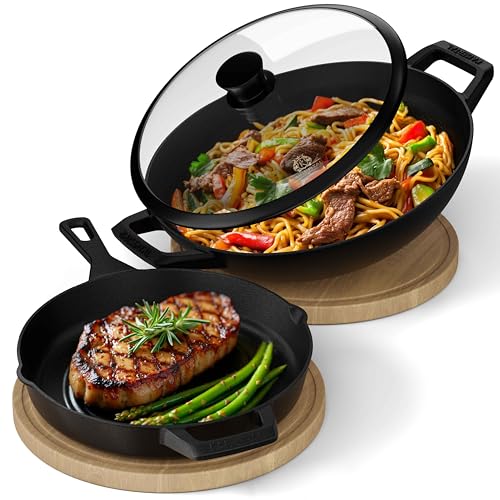 KAISERTAL® 32cm Gusseisen Wok & 30cm Gusseisenpfanne Set - Pfannen für Fleisch, Gemüse & Fisch - voreingebrannte Gusspfannen sind Backofen- & Induktionsgeeignet von K KAISERTAL
