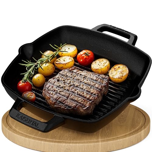 KAISERTAL Grillpfanne Gusseisen 26cm – Steakpfanne & Gusspfanne Induktion – Gusseisenpfanne Grill für Gasgrill & Backofen – Eisenpfanne Outdoor & Indoor – Cast Iron Pan Skillet von K KAISERTAL