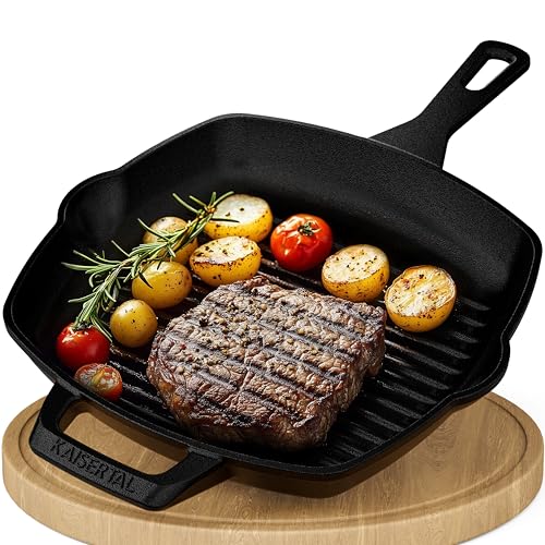 KAISERTAL Grillpfanne Gusseisen 27cm – Steakpfanne & Gusspfanne Induktion – Gusseisenpfanne Grill für Gasgrill & Backofen – Eisenpfanne Outdoor & Indoor – Cast Iron Pan Skillet von K KAISERTAL