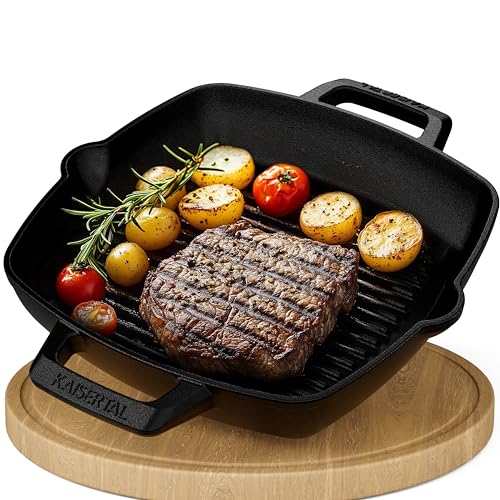 KAISERTAL® Grillpfanne inkl. Reinigungsbürste - 26cm Premium Grillpfanne Gusseisen. Die Gusspfanne ist Induktionsgeeignet, Voreingebrannt und Backofengeeignet. Inkl. Rezeptbuch von K KAISERTAL