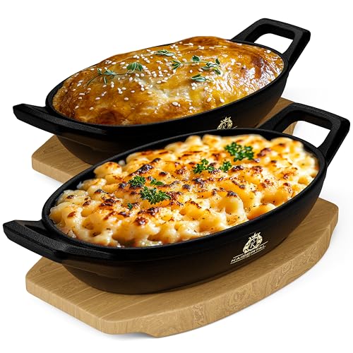 KAISERTAL Servierpfanne Gusseisen 15x10 cm – Pfanne mit 2 Griffen & Holzuntersetzer – Servierpfanne Klein Induktion – Gusseiserne Gusspfanne oval für Backofen & Grill (Oval 2 Stück) von K KAISERTAL