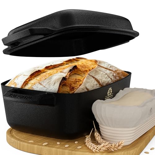 KAISERTAL Gusseisen Brotbackform mit Deckel & Gärkorb 26cm – Robuste Gusseisen Topf Brot Backen – Ideal als Brotform, Brottopf, Kastenform Brot und Brotbackformen - inkl. Backen Zubehör von K KAISERTAL