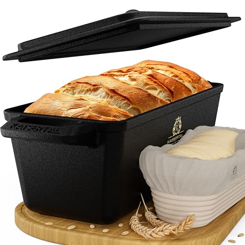 KAISERTAL Gusseisen Brotbackform mit Deckel & Gärkorb 28cm – Robuste Gusseisen Topf Brot Backen – Ideal als Brotform, Brottopf, Kastenform Brot und Brotbackformen - inkl. Backen Zubehör von K KAISERTAL