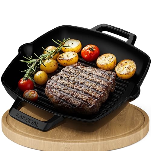 KAISERTAL Grillpfanne matt schwarz emailliert Gusseisen 27cm – Steakpfanne & Gusspfanne Induktion – Gusseisenpfanne Grill für Gasgrill & Backofen – Eisenpfanne Outdoor & Indoor von K KAISERTAL