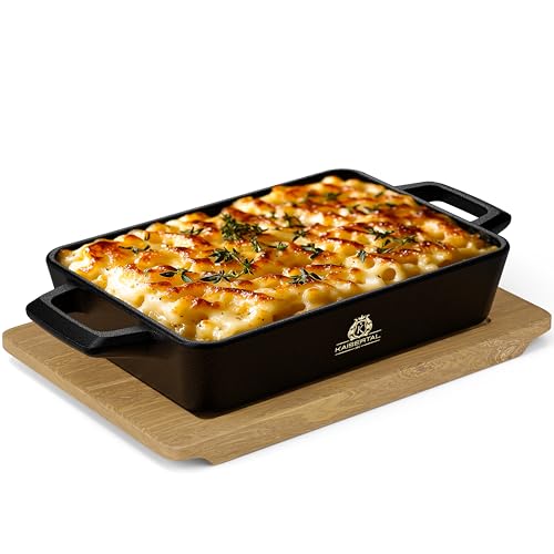 KAISERTAL Servierpfanne Gusseisen 16x11cm – Pfanne mit 2 Griffen & Holzuntersetzer – Servierpfanne Klein Induktion – Gusseiserne Gusspfanne oval für Backofen & Grill (Quadratisch 1 Stück) von K KAISERTAL