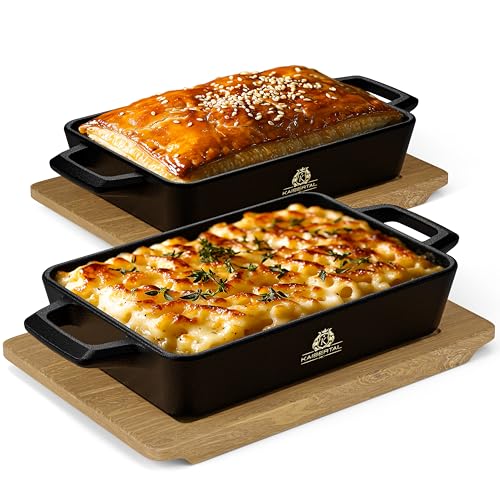 KAISERTAL Servierpfanne Gusseisen 16x11cm – Pfanne mit 2 Griffen & Holzuntersetzer – Servierpfanne Klein Induktion – Gusseiserne Gusspfanne oval für Backofen & Grill (Quadratisch 2 Stück) von K KAISERTAL