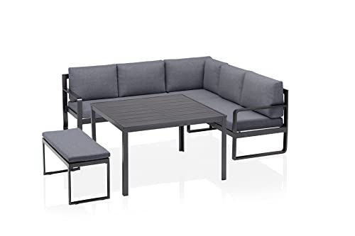 KETTLER Ocean Casual Dining Eckset inkl. Kissen – Moderne Sitzlounge aus Aluminium mit 2-Sitzer, 3-Sitzer, Bank & Tisch – komfortable Garten Sitzgruppe mit Liege-Option – anthrazit/grau von K KETTLER