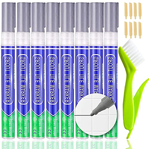 KOOLPUG 8 x Fugenstift Fugenmörtel Fliesen Stift Fugen Reparatur Marker Für Badezimmer Küche Marker mit hoher Deckkraft Wasserfest mit Reiniger Bürste und Ersatzspitze 4 Farben(dunkelgrau) von K KOOLPUG