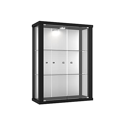 K-Möbel Hängevitrine in Schwarz (80x60x25 cm) mit 2 höhenverstellbaren Glasböden, Spiegel & LED - Modellauto Vitrine Schwarz - Vitrinenschrank Schwarz - Sammlervitrine - Glasvitrine Regal Glas Schrank von K-Möbel