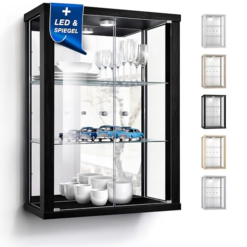 K-Möbel Wandvitrine (80x60x25cm) - Made in Germany - Glasvitrine hängend mit 2 höhenverstellbaren Glasböden aus ESG, Spiegel & LED in Schwarz - Schrank mit Glastüren - Hängevitrine Glas von K-Möbel