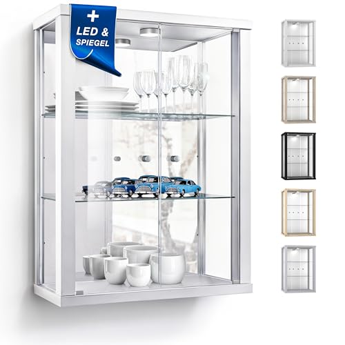 K-Möbel Wandvitrine (80x60x25cm) - Made in Germany - Glasvitrine hängend mit 2 höhenverstellbaren Glasböden aus ESG, Spiegel & LED in Weiss - Schrank mit Glastüren - Hängevitrine Glas von K-Möbel