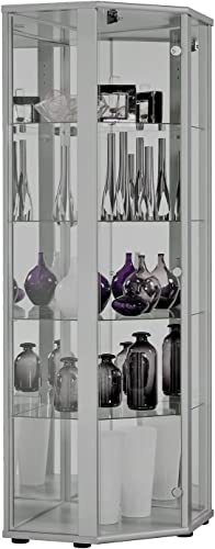 K-Möbel Eckvitrine in Alu/Silber (176x56,5x56,5 cm) mit 4 Glasböden, Schloss, Spiegel - Modellauto Vitrine Silber - Vitrinenschrank Silber - Sammlervitrine - Wohnzimmerschrank Glasvitrine Glas von K-Möbel