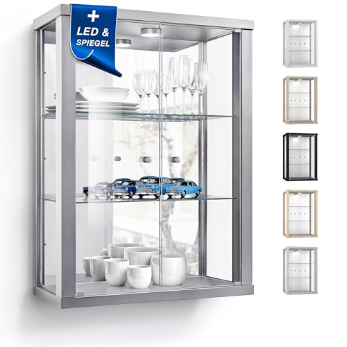 K-Möbel Wandvitrine (80x60x25cm) - Made in Germany - Glasvitrine hängend mit 2 höhenverstellbaren Glasböden aus ESG, Spiegel & LED in Silber/Alu - Schrank mit Glastüren - Hängevitrine von K-Möbel