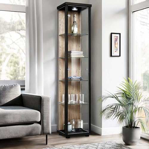 K-Möbel Glasvitrine Stehend (176x37x33cm) - Made in Germany - Vitrinenschrank Schwarz/Sonoma Eiche mit 4 höhenverstellbaren Glasböden & LED - Vitrine Glas stehend - Glasschrank - Cabinet von K-Möbel