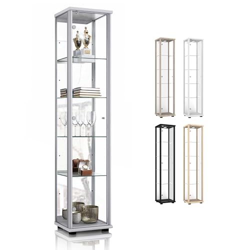 K-Möbel Sammlervitrine (176x37x33cm) - Made in Germany - Vitrinenschrank Silber/Alu mit 4 höhenverstellbaren Glasböden, Spiegel & Schloss - Glasvitrine Stehend - Display Cabinet von K-Möbel