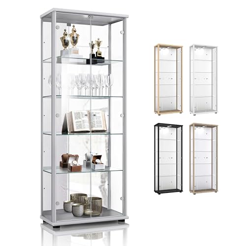 K-Möbel Glas Vitrinenschrank 2-türig (176x67x33cm) - Made in Germany - Standvitrine Silber/Alu mit 4 höhenverstellbaren Glasböden, Spiegel& Schloss - Glasvitrine Stehend - Sammler von K-Möbel
