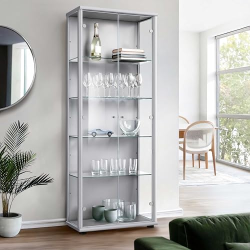 K-Möbel Glasvitrine in Alu/Silber (176x67x33 cm) mit 4 höhenverstellbaren Glasböden - Modellauto Vitrine Silber - Vitrinenschrank Silber - Sammlervitrine - Wohnzimmerschrank Regal Glas Schrank von K-Möbel