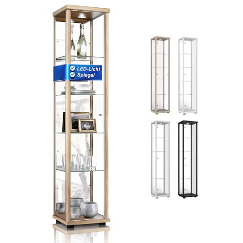 K-Möbel Standvitrine (176x37x33cm) - Made in Germany - Vitrinenschrank Buche mit 4 höhenverstellbaren Glasböden, Spiegel & LED - Glasvitrine Stehend - Vitrine Glas - Display Cabinet von K-Möbel