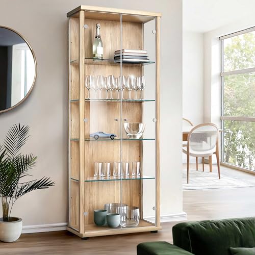 K-Möbel Vitrinenschrank 2-türig (176x67x33cm) - Made in Germany - Standvitrine Buche mit 4 höhenverstellbaren Glasböden - Glasvitrine Stehend - Vitrine Glas - Display Cabinet von K-Möbel