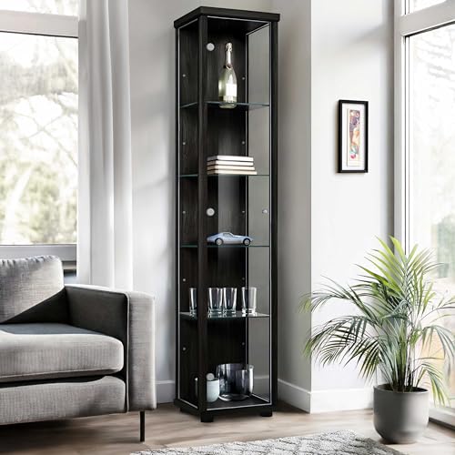 K-Möbel Glasvitrine Stehend (176x37x33cm) - Made in Germany - Vitrinenschrank Schwarz mit 4 höhenverstellbaren Glasböden - Vitrine Glas stehend - Glasschrank - Display Cabinet von K-Möbel