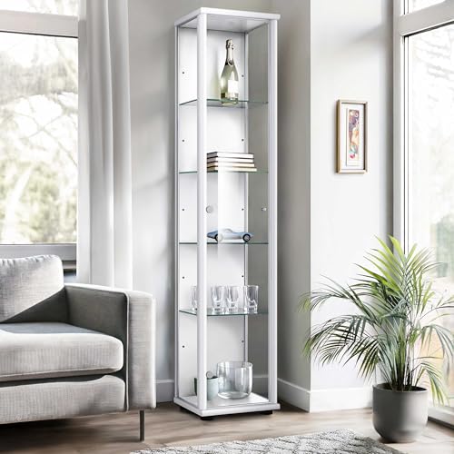 K-Möbel Glasvitrine Stehend (176x37x33cm) - Made in Germany - Vitrinenschrank Weiss mit 4 höhenverstellbaren Glasböden - Vitrine Glas stehend - Glasschrank - Display Cabinet von K-Möbel