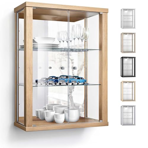 K-Möbel Wandvitrine (80x60x25cm) - Made in Germany - Glasvitrine hängend mit 2 höhenverstellbaren Glasböden aus ESG & Spiegel in Buche - Schrank mit Glastüren - Hängevitrine Glas von K-Möbel