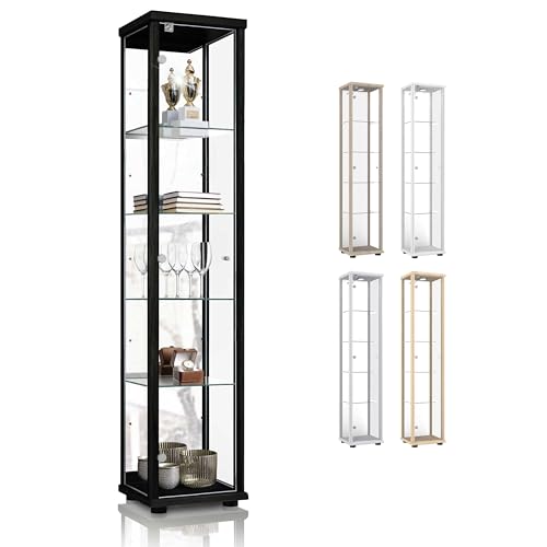 K-Möbel Sammlervitrine (176x37x33cm) - Made in Germany - Vitrinenschrank Schwarz mit 4 höhenverstellbaren Glasböden, Spiegel & Schloss - Glasvitrine Stehend - Display Cabinet von K-Möbel