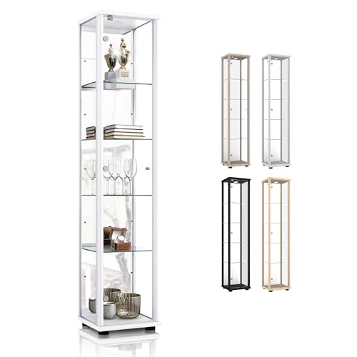 K-Möbel Sammlervitrine (176x37x33cm) - Made in Germany - Vitrinenschrank Weiss mit 4 höhenverstellbaren Glasböden, Spiegel & Schloss - Glasvitrine Stehend - Display Cabinet von K-Möbel
