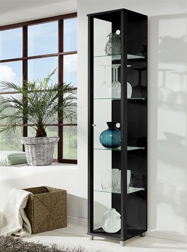 K-Möbel VR-Wohnwelten Glasvitrine (172x32x33cm) in Schwarz mit 4 Glasböden - Modellauto Vitrine - Vitrinenschrank Schwarz - Sammlervitrine Schwarz beleuchtet - Wohnzimmerschrank Regal Wand Schrank von K-Möbel