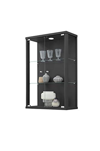 K-Möbel VR-Wohnwelten Hängevitrine (82x56x25,2cm) in Schwarz mit 2 Glasböden, Spiegel & LED - Modellauto Vitrine Schwarz - Vitrinenschrank Schwarz - Sammlervitrine - Glasvitrine klein Regal Glas Mini von K-Möbel