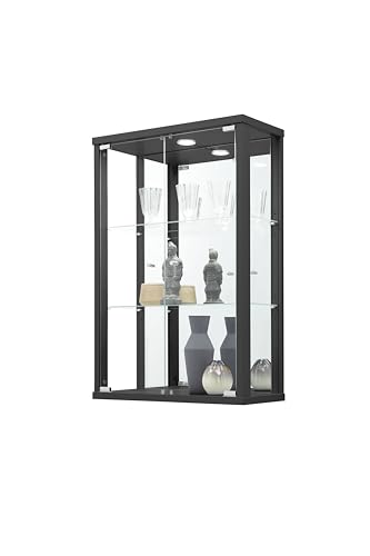 K-Möbel VR-Wohnwelten Hängevitrine (82x56x25,2cm) in Schwarz mit 2 Glasböden & LED - Modellauto Vitrine - Vitrinenschrank Schwarz - Sammlervitrine - Glasvitrine klein Regal Glas Mini Vitrine Schwarz von K-Möbel